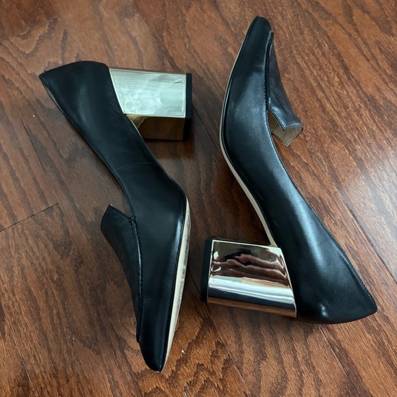 Karl Lagerfeld Black Leather Shoes with Block Gold Heels, 7.5 - Picture 2 of 7